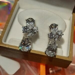 NWT SOLID STERLING SILVER CZ LONG WEDDING DANGLE EARRINGS RHODIUM